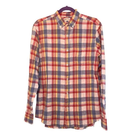 Old Navy Classic Slim Fit Tartan Plaid Button Down Shirt Red Yellow Blue Knit S - Picture 1 of 5